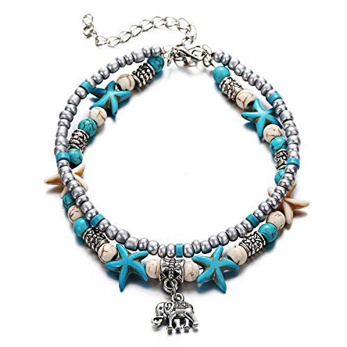 Softones Blue Starfish Turtle Anklet Multilayer Charm Beads Sea Handmade Boho Anklet Foot Jewelry for Women - style: J:Elephant