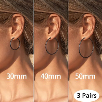 Gold Hoop Earrings for Women 14K Gold Plated | 925 Sterling Silver Post Hypoallergenic Hoop Earrings - color: Black, size: 30-40-50mm