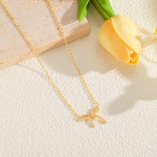 Starain Heart Necklaces for Women Dainty Cubic Zirconia Love Heart Pendant Necklace 18K Gold Plated Chain Trendy Stuff Jewelry - color: C Gold Bow Necklace