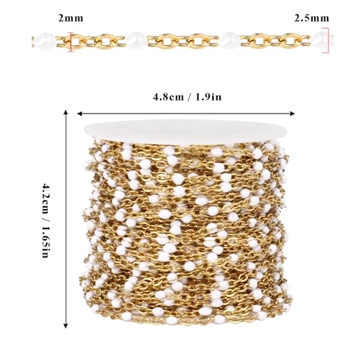33FT 2mm Gold Cable Chains White Enamel Chains Bulk Roll for Jewelry Making | 18K Gold PVD Plated Stainless Steel Enamel Beaded Chains Roll for Necklace Bracelet - color: Gold White Beads