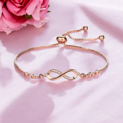 Nilu's Collection Infinity Shape Cubic Zirconia Diamond Bracelet for Women, Jewelry for Gift, Adjustable Charm Bracelet (Rose Gold Necklace + Bracelet) - color: Rose Gold