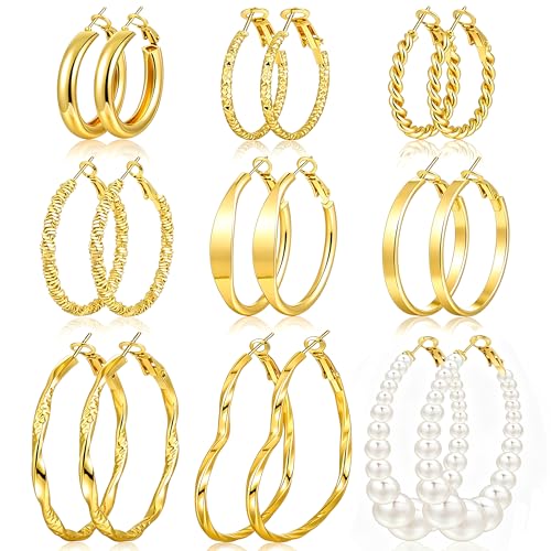 12 Pairs Gold Hoop Earrings Set for Women, Lightweight Big/Large Hoop Earrings Multipack, Hypoallergenic Gold Hoops Earrings Pack for Jewelry Gift 30mm/40mm/50mm - color: gold-pearl