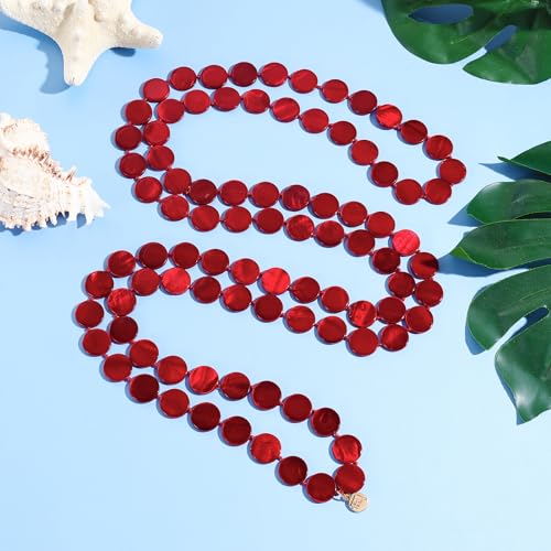 Firstmeet Flat Round Coin Shell Beads Long Knotted Necklace Natural Mother of Pearl Handmade Jewelry For Women - color: Red