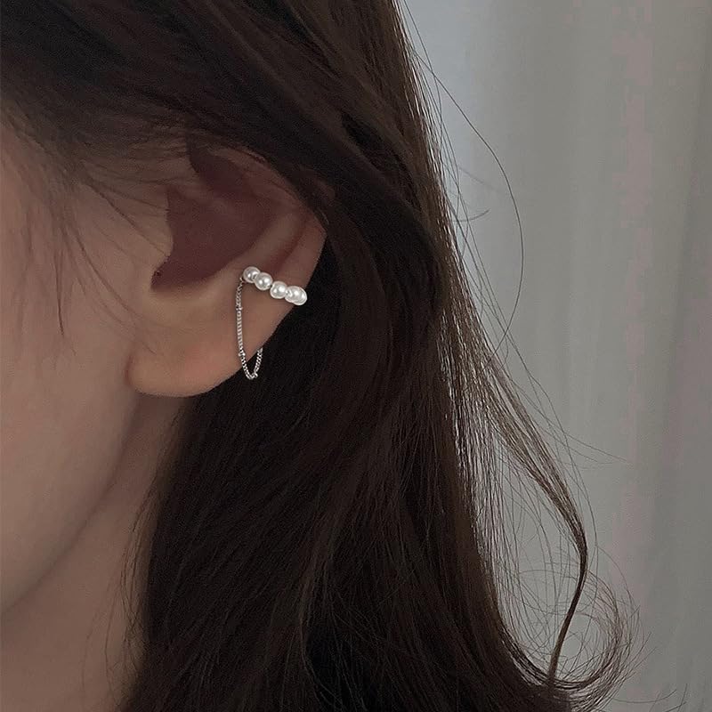 Ear Cuffs Earrings for Women Non Piercing Cartilage Cuff Wrap Clip on Earrings Trendy Pearl Rhinestone Tassel Chain Earrings Jewelry for Women - color: Gold Pearl Chain Ear Cuff
