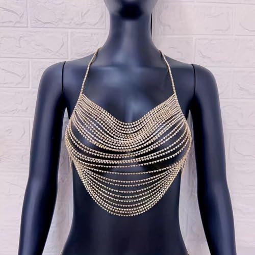 Multi-Layer Body Chain Necklace Rhinestone Chain Halter Top Body Jewelry Sexy Tassel Chest Chain Rave Nightclub Accessory - color: Gold