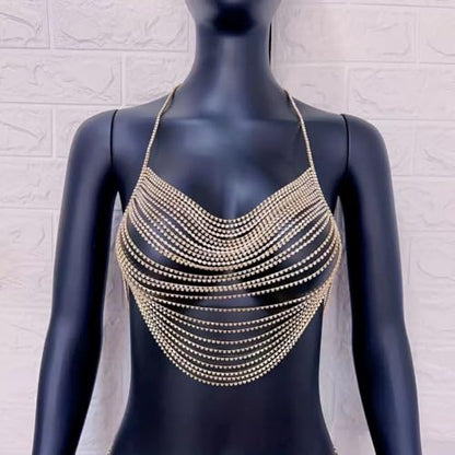 Multi-Layer Body Chain Necklace Rhinestone Chain Halter Top Body Jewelry Sexy Tassel Chest Chain Rave Nightclub Accessory - color: Gold