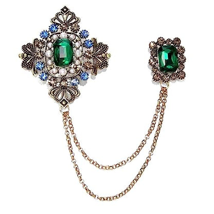 Retro 14k Gold Plated Chain Green Crystal Brooches Collar Pins Crystal Rhinestone With Hanging Chain Suit Shirt Lapel Brooch Pin Fashion Jewelry for Men Boy (Green Rectangle)