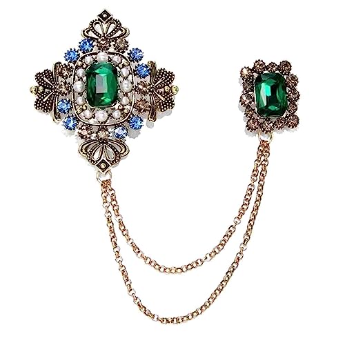 Retro 14k Gold Plated Chain Green Crystal Brooches Collar Pins Crystal Rhinestone With Hanging Chain Suit Shirt Lapel Brooch Pin Fashion Jewelry for Men Boy (Green Rectangle)