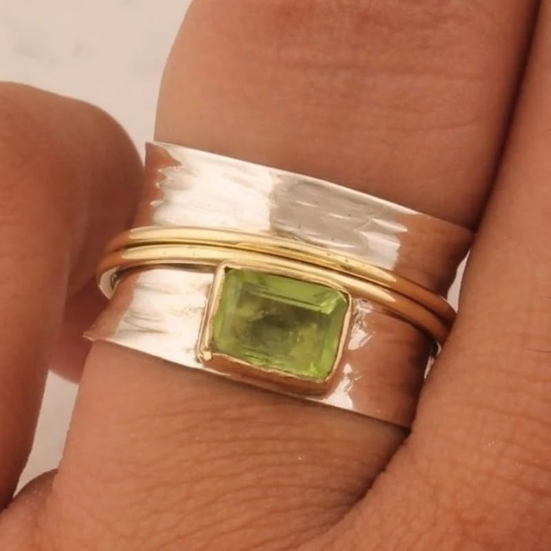 Creative Olive Green Synthetic Gemstone Two Tone Wide Ring for Women Party Vacation Bohemian Jewelry - color: Silver & Gold