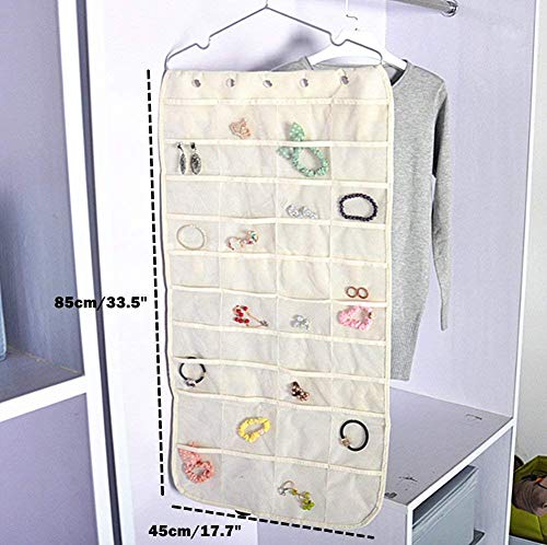 Hanging Jewelry Organizer Bag (40-Pockets) & 20 Magic Tape Hook Storage Bag Closet Storage for Portable Travel, Rings, Earrings, Necklaces, Clear PVC Plastic Windows, Roll-Up (Beige)