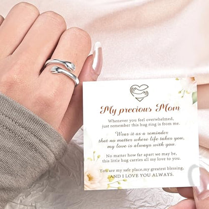 Sterling Silver Hug Ring for Women Teen Girls Adjustable Love Promise Ring Inspirational Open Rings Mothers Day Birthday Gift for Daughter Granddaughter Mom Wife Best Friend - color: Silver / Mom Gift (Always with you)