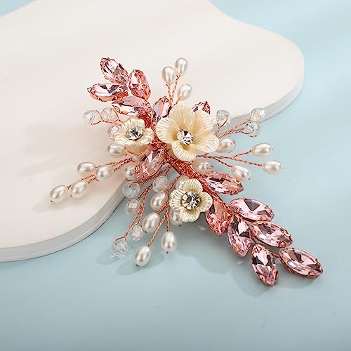 Xerling Pink Rhinestones Crystal Flower Hair Barrettes Clip Boho Bridal Pearl Hair Jewelry Accessories for Women Wedding Floral Headpieces (Pink) - color: Pink