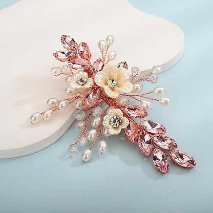 Xerling Pink Rhinestones Crystal Flower Hair Barrettes Clip Boho Bridal Pearl Hair Jewelry Accessories for Women Wedding Floral Headpieces (Pink) - color: Pink