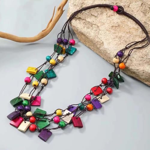 Boho Necklace for Women Long Layered Wooden Leather Leaf Pendant Statement Necklace Vintage Boho Jewelry - style: Square A