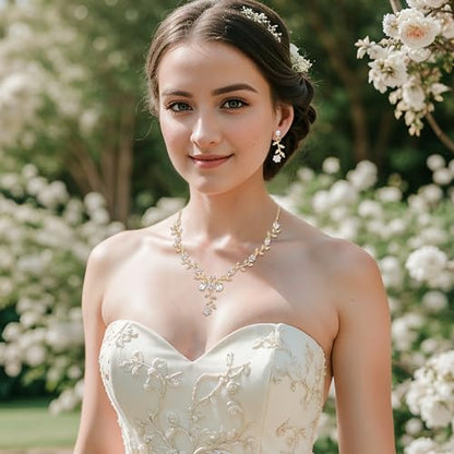 Women's Wedding Jewelry Set for Bride,Prom Bridal Accessories | Bling Crystal,Flower Leaf Cluster,Dangle Earrings Pendant Necklace Set,for Bridesmaid,Party Jewellery - color: 17-Clear Gold-Plated-Base