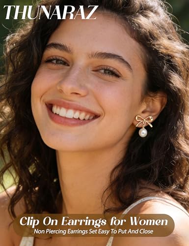 THUNARAZ 10Pairs Clip On Earrings for Women Lightweight Non Pierced Set | Hypoallergenic Gold Stud Earrings,Fake Earrings Set,Cute Pearl CZ Flower Cat Heart,Secure Clip Fit,Extra Soft Silicone Pads - style: goldA