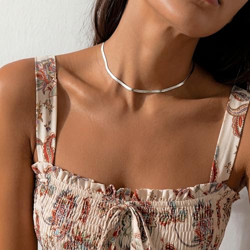 WomenGifts 14K Gold Silver Plated Herringbone Necklace for Women, Dainty Snake Chain Choker, Trendy Simple Long Layered Jewelry Non Tarnish, 3/4/5/8mm,14,16,18,20,22,24,26 Inch Thin & Chunky Options - color: Silver, style: 3mm-12.8inch