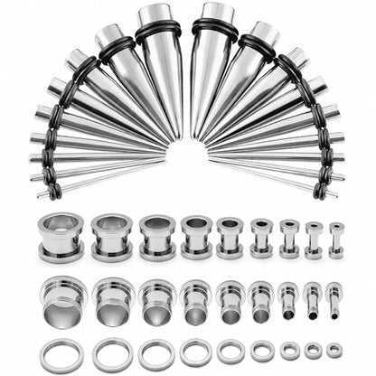 BodyJ4You 36PC Ear Stretching Kit - Complete Beginner Set 14G-00G | Gauges for Ears Stainless Steel Tapers Single Flare Plugs Tunnels - Dead Stretching Lobe Men Women Expander - color: Silvertone, Screw Fit