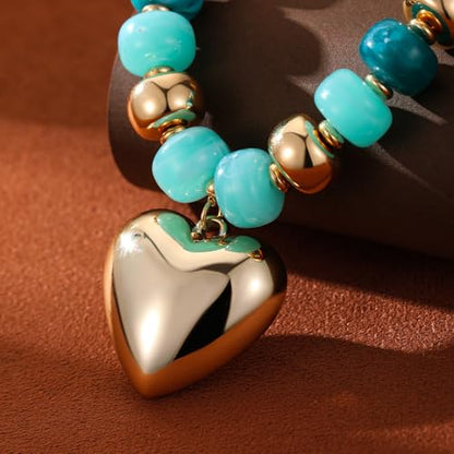 Resin Chunky Colorful Beaded Necklace | Adjustable Boho Statement Necklace,Summer Beach Party Jewelry - color: Heart+Teal