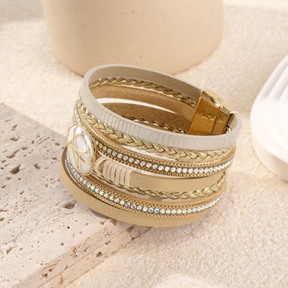 Wrapped Bracelets for Women,Leather Boho Bracelets for Women - color: Shell-Khaki