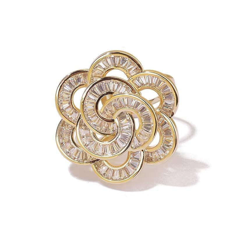 Gold Rose Flower Statement Cocktail Ring for Women Sparkly Rhinestones Crystal Floral Blooming Open Wrap Adjustable Finger Band Rings Stacking Comfort Fit Wedding Engagement Promise Fashion Jewelry