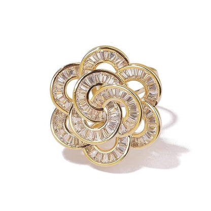 Gold Rose Flower Statement Cocktail Ring for Women Sparkly Rhinestones Crystal Floral Blooming Open Wrap Adjustable Finger Band Rings Stacking Comfort Fit Wedding Engagement Promise Fashion Jewelry