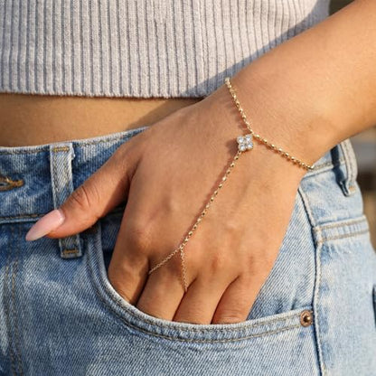 14K Gold Hand Chain Ring Bracelet-SM - style: Clover CZ