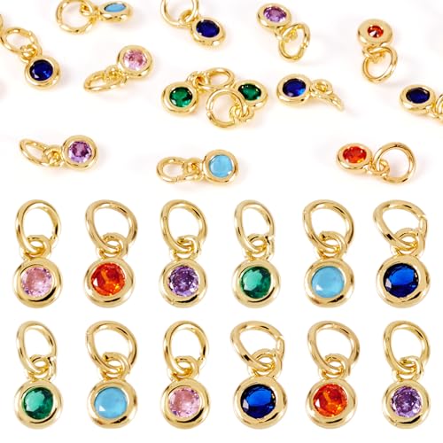 Beadthoven 20pcs Real 18K Gold Plated Round Crystal Charm Pendants Cubic Zirconia Crystal Charm Beads with Jump Ring for DIY Jewelry Making Necklace Choker Earrings Tiny Dangle Accessories - color: Round-Mixed