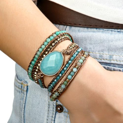 Women Wrap Bracelet Boho Natural Jasper Crystal Stone Beads Strand Bracelets - color: Style 05-Amazonite #2