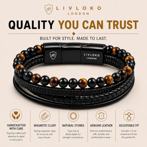 LONDON Mens Bracelet Leather Black Multi-Layer Stone Beads Adjustable Steel Clasp Viking Rope Bands Surfer Man Wristband Male UK Jewellery Gift box Boyfriend Dad Son Brother Tiger Eye - color: A. 19-22cm Black Leather Tiger-Eye Adjustable, size: Small to