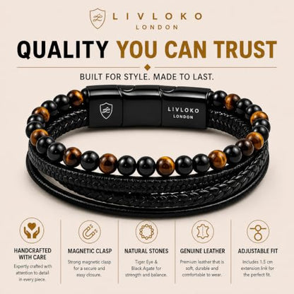 LONDON Mens Bracelet Leather Black Multi-Layer Stone Beads Adjustable Steel Clasp Viking Rope Bands Surfer Man Wristband Male UK Jewellery Gift box Boyfriend Dad Son Brother Tiger Eye - color: A. 19-22cm Black Leather Tiger-Eye Adjustable, size: Small to