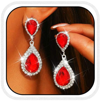 Catery Crystal Wedding Earrings Silver Rhinestone Ear Rings Teardrop Bridal Ear Jewelry for Brides and Women - color: Red