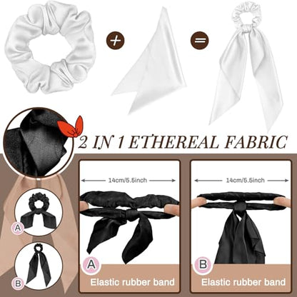 MTLEE 12 Pcs Hair Accessories for Women Hair Bows Scrunchies Scarf Ties Bunny Ears Silk Satin Scrunchies Ribbons Scarf Ties with Bows for Women Lady(Black and White) - color: Black and White