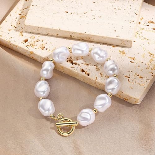 Baroque Pearl Bracelet for Women Elegant Gold Plated Irregular Chunky Pearls Bracelets Summer Starfish Seashell Conch Cuff Bracelets Jewelry for Vacation - color: white gold