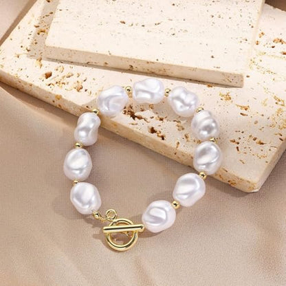 Baroque Pearl Bracelet for Women Elegant Gold Plated Irregular Chunky Pearls Bracelets Summer Starfish Seashell Conch Cuff Bracelets Jewelry for Vacation - color: white gold