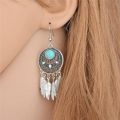 Dream Catcher Dangle Earrings for Women Retro Boho Style Metal Dangle Drop Earrings Vintage Bohemian Dream Catcher Statement Feather Dangle Tassels Turquoise Earrings Ethnic Feather Tassel Earrings Dream Catching Leaf Tassel Turquoise Earrings Jewelry - c
