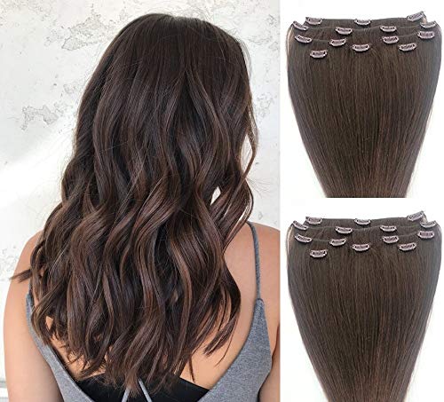 20" Clip in Hair Extensions Real Human Hair 90g Clip on for Full Head 7 pieces, 14 clips, Silky Straight Weft Remy Hair Color #3 Medium Dark Brown