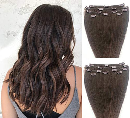 20" Clip in Hair Extensions Real Human Hair 90g Clip on for Full Head 7 pieces, 14 clips, Silky Straight Weft Remy Hair Color #3 Medium Dark Brown