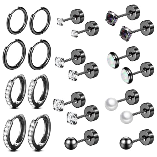 Surgical Steel Flat Back Earrings Set for Multiple Piercing Sensitive Ears,Sterling Silver Hypoallergenic Small Cartilage Huggie Hoop Earrings Titanium Tiny CZ Pearl Opal Stud Earrings for Women - color: Black