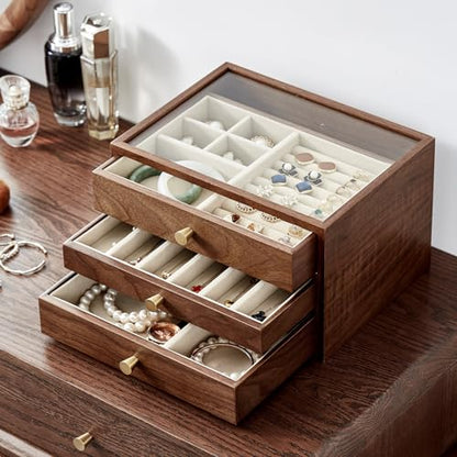 Black Walnut Wooden Jewelry Box Women large 3 Layer Drawer Organizer Box with Glass Lid for Necklaces, Watch, Necklace, Ring, Earring Storage, Ideal Gift - style: 3 Layer