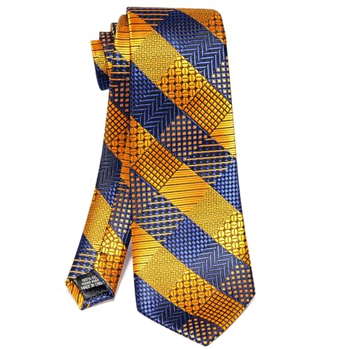 5PCS Mens Silk Tie, Pocket Square, Cufflinks, Drilled Tie Ring and Lapel Pin Set for Wedding Groom Party - color: Gold and Blue Tie Set -70