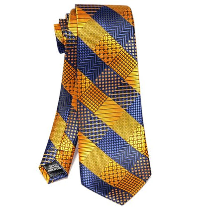 5PCS Mens Silk Tie, Pocket Square, Cufflinks, Drilled Tie Ring and Lapel Pin Set for Wedding Groom Party - color: Gold and Blue Tie Set -70