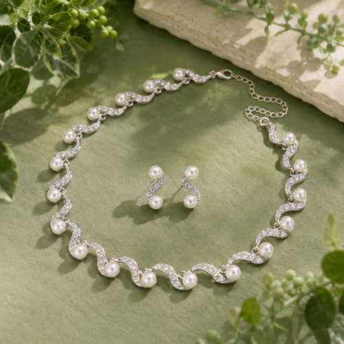 Wavy Pearl Necklace for Women, Rhinestone Crystal Accented Faux Pearl Choker Jewelry Set, Adjustable Statement Necklace for Party Wedding Anniversary