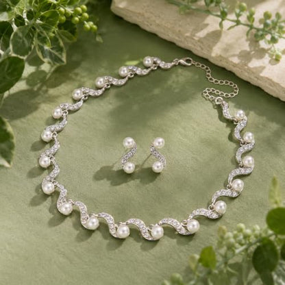 Wavy Pearl Necklace for Women, Rhinestone Crystal Accented Faux Pearl Choker Jewelry Set, Adjustable Statement Necklace for Party Wedding Anniversary