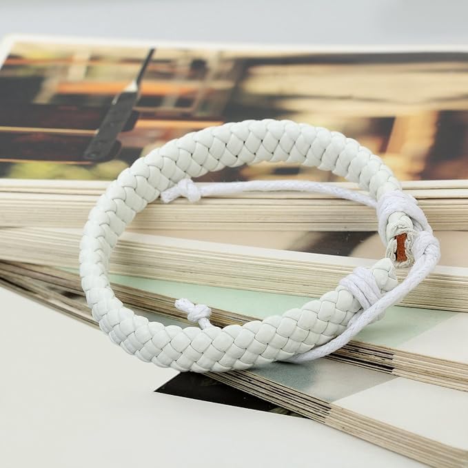 Leather Surfer Cuff Bracelet: Adjustable Braided Rope Woven Wrap Wristband for Men Women, Fit 7.6-10.6 inch Wrist - color: White