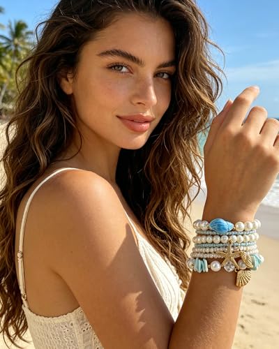 Shell Bracelets for Women Layered Seashell Starfish Bracelets Stackable Stretch Boho Beaded Bracelet Summer Beach Surfer Bracelet Seaside Beach Dress Outfits Accessories - color: B5:blue shell bracelets
