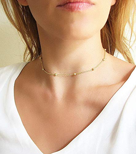 MEVECCO Dainty Choker Necklaces for Women, Beaded and Multi-Row Chains | 14K Gold Plated Brass, Select Silver Plated Brass Options, Polished And Textured Profiles For Everyday Styling - style: Beaded GD