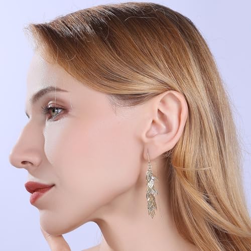 14K Gold Plated Leaf Threader Crystal Earrings for Women, Long Tassel Elegant Dangle Drop Earrings for Weddings, Galas, and Formal Events, Hypoallergenic Lightweight Jewelry Idea Gift - color: Gold