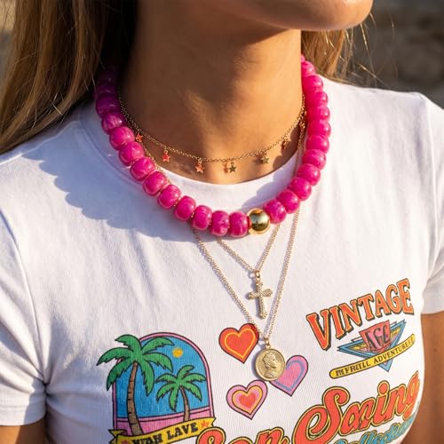 Badu Colorful Chunky Beaded Choker Necklace, Acrylic Colorful Bead Statement Necklaces, Adjustable Summer Beach Jewelry Gift for Women - color: Rose Red