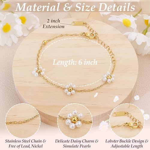 DAYANEY Pearl Bracelets for Women Gold Bracelet Silver Pearl Jewelry | Gold Bracelet Silver Pearl Jewelry Summer Gifts for Girls Dainty Daisy and Heart Bracelets Cute Floral Jewelry for Bridesmaid - style: Daisy Pearl